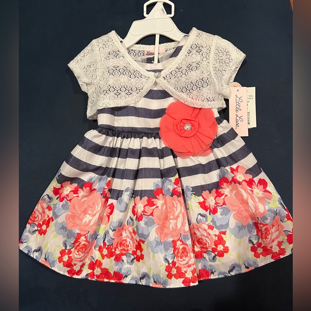 NWT Little Lass Brand Navy and White Floral Dress Size 12M